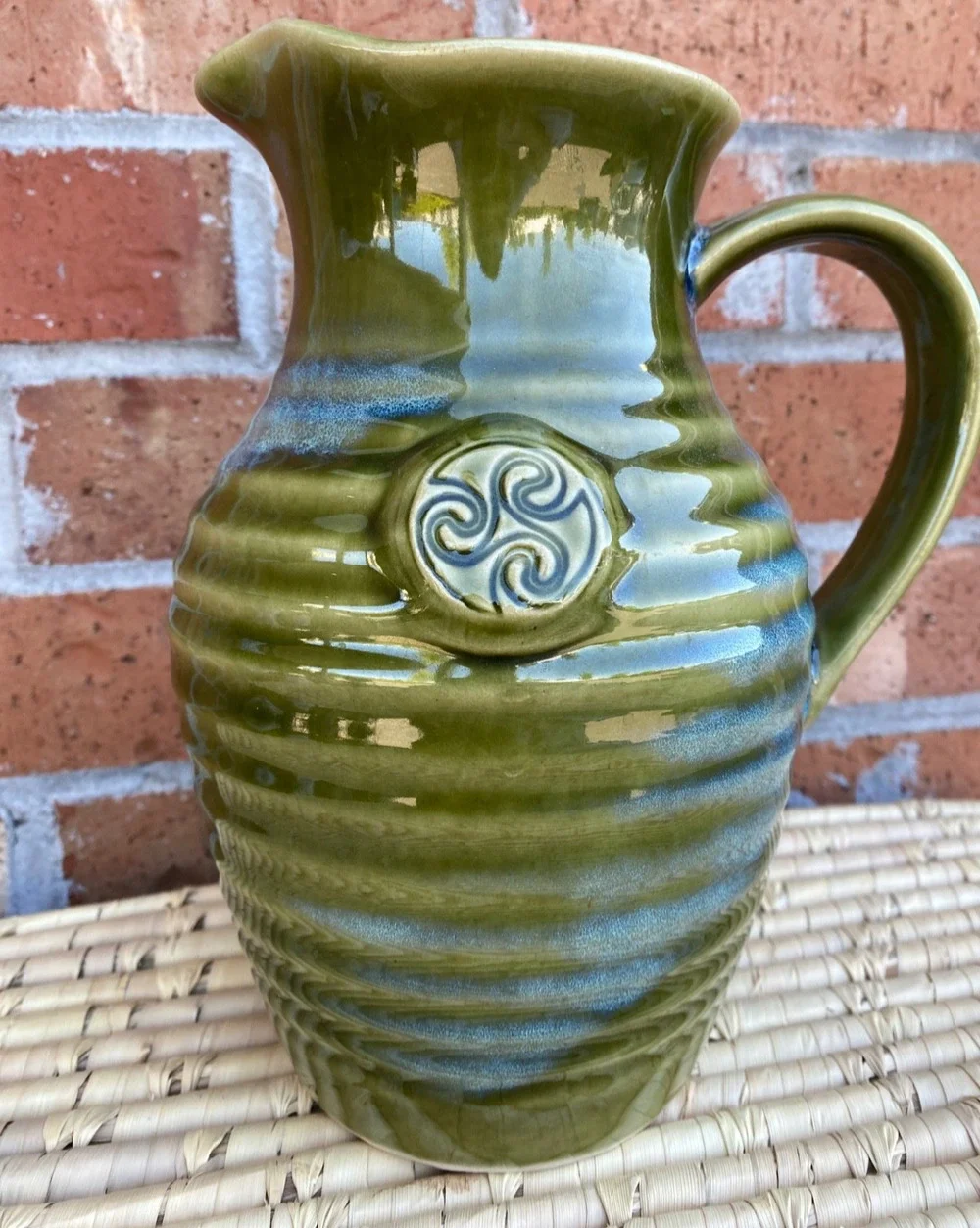 Colm De Ris Pitcher Art Ceramic Pottery Green Blue Celtic Triskelion Ireland